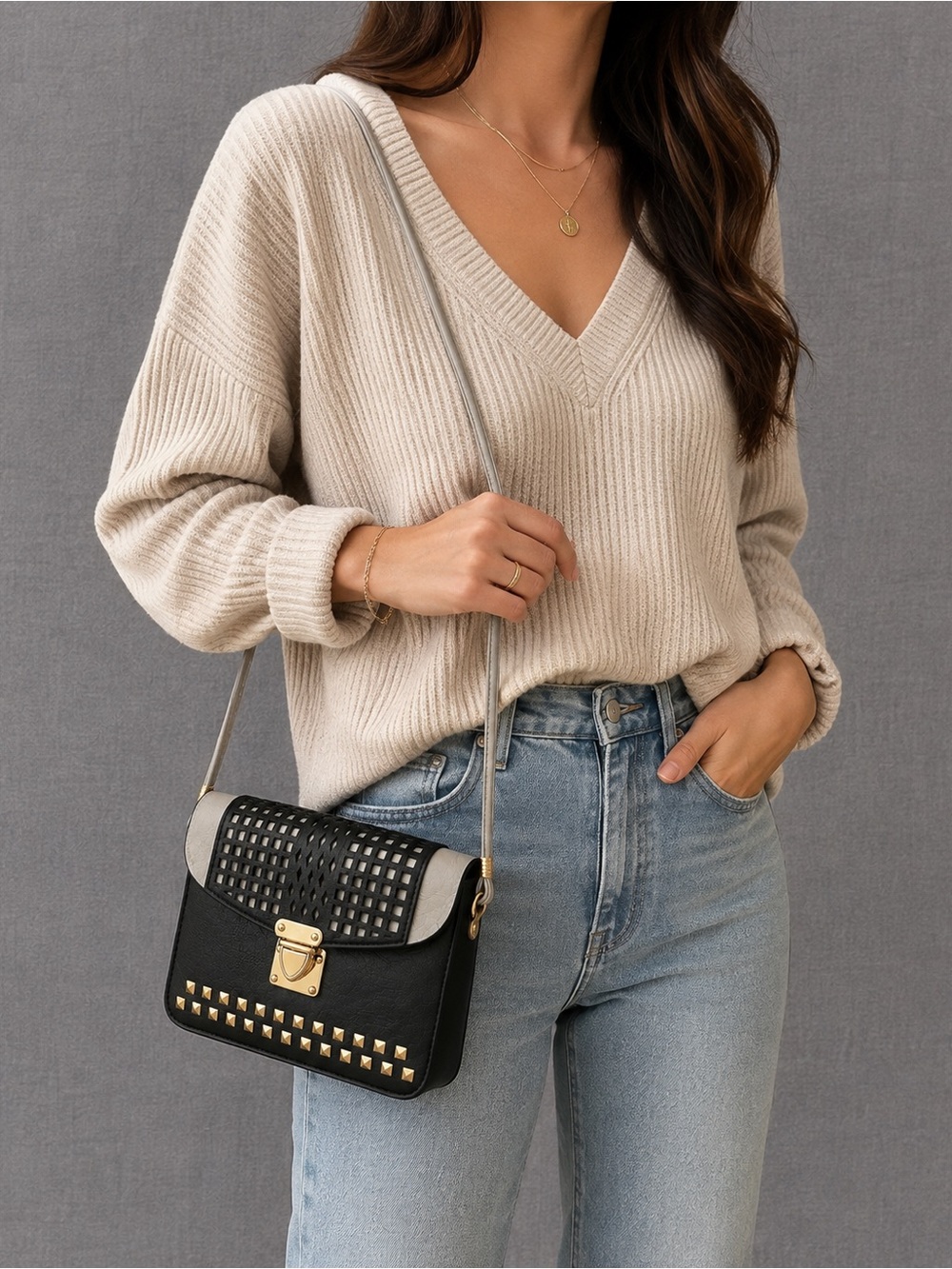 Urban Energy Black Gray Studded Crossbody Bag Gold Hardware